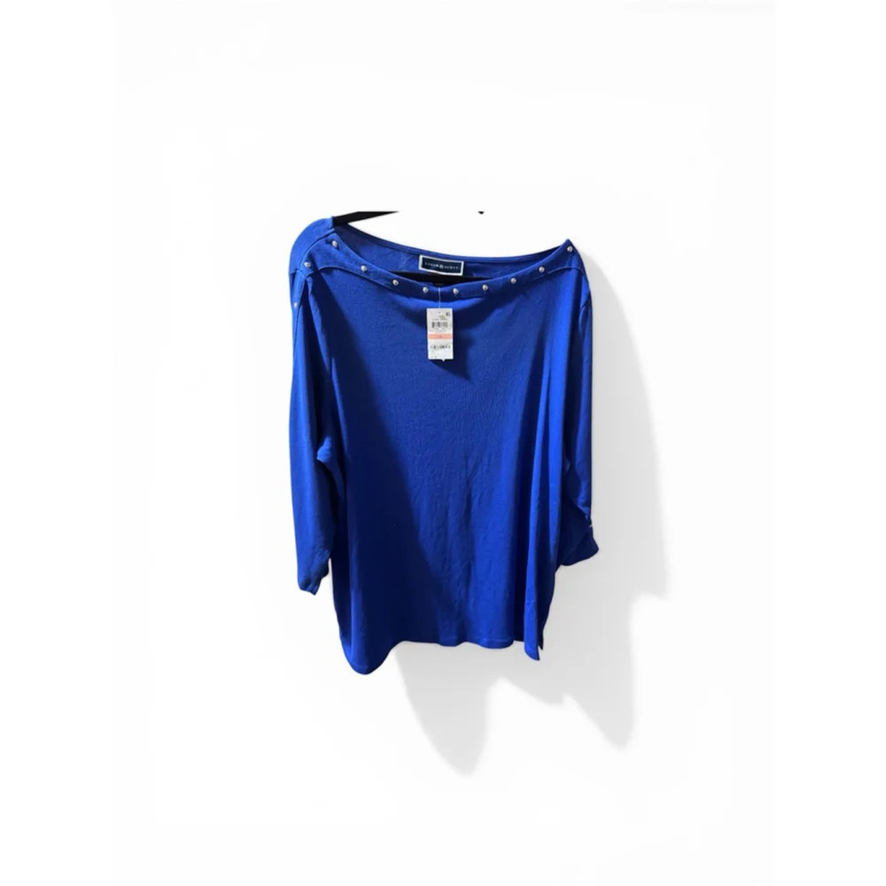 Karen Scott Silver-Tone Stud Boat-Neck Top NWT 2X - Picture 2 of 6